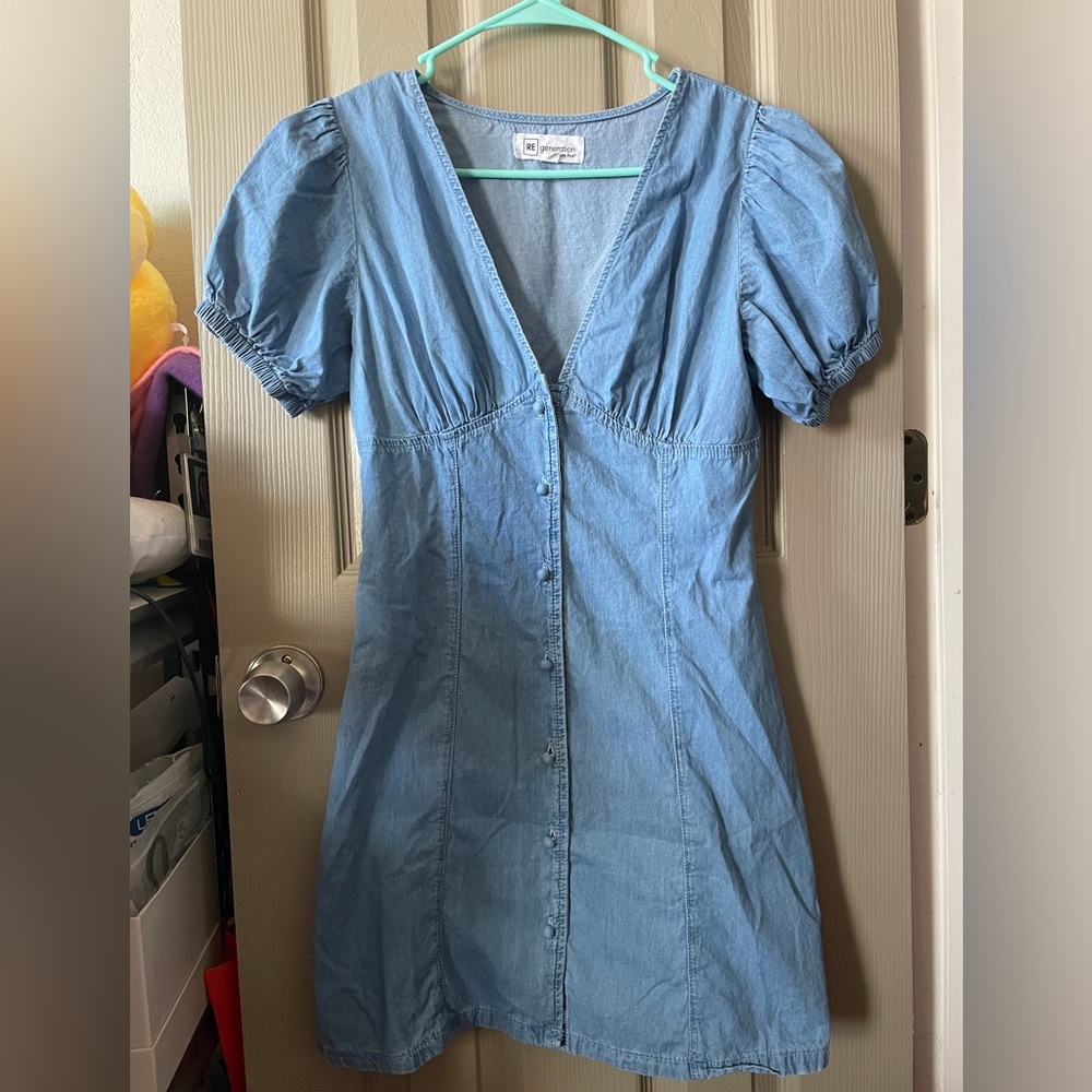 Cute Blue Denim Button Up Puff Sleeve Dress